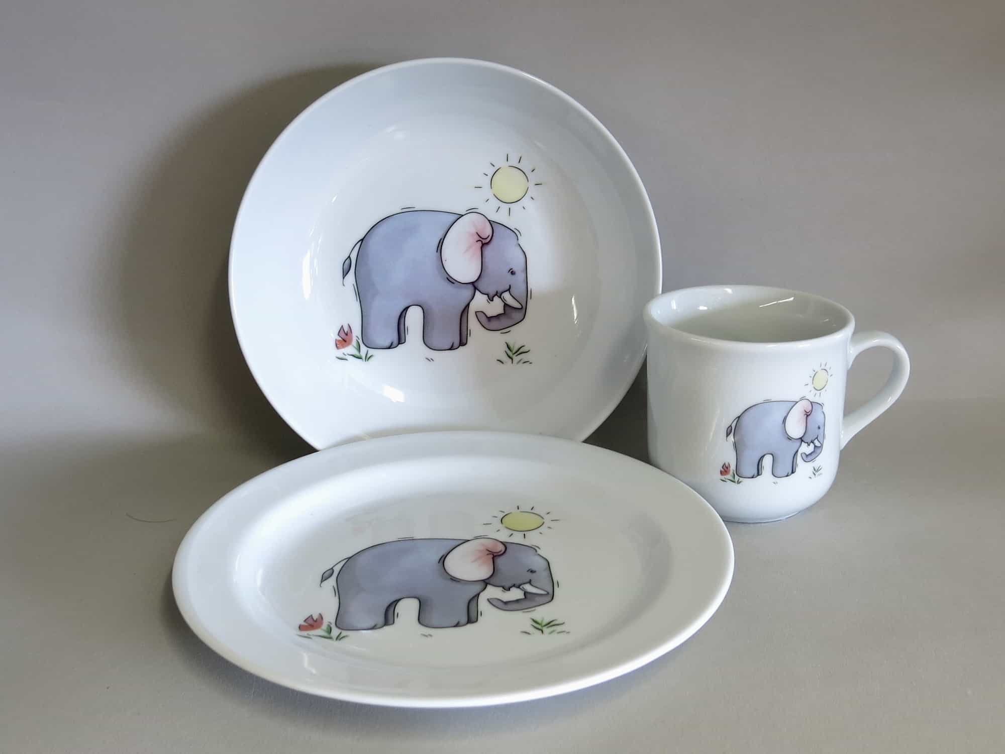 Kindergeschirr Set mit Namen 4-teilig Elefant Tasse Teller Eierbecher Keramik 