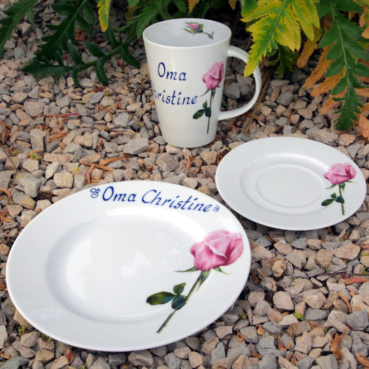 Frühstücksgeschirr Porzellan Set mit Becher, Teller und Unterteller Rose