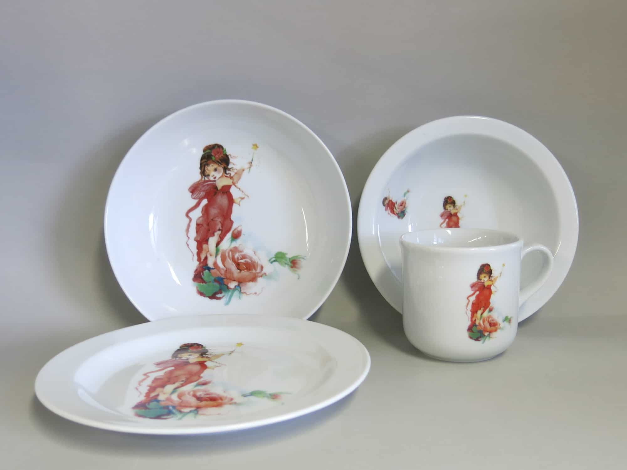 Kindergeschirr Porzellan Set Becher, Teller, Schale und Müslischüssel mit Elfe Rosalie Rose