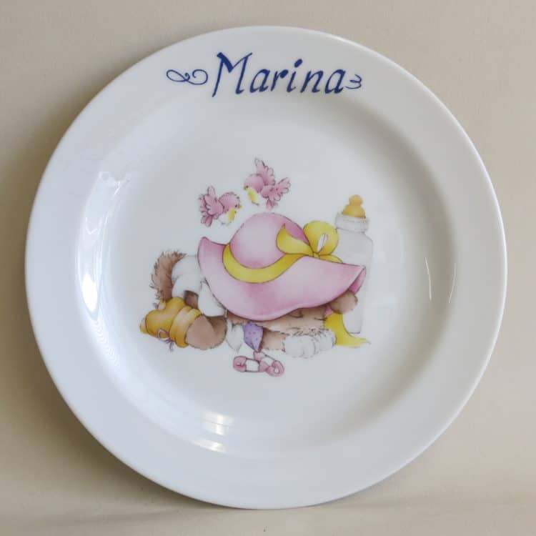 Kindergeschirr Porzellan Teller 19 cm mit Kaninchen mit rosa Hut und mit Namen personalisiert