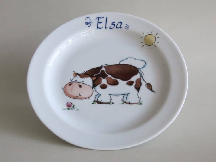 Frühstücksteller 19 cm mit Kuh und Sonne und Namen