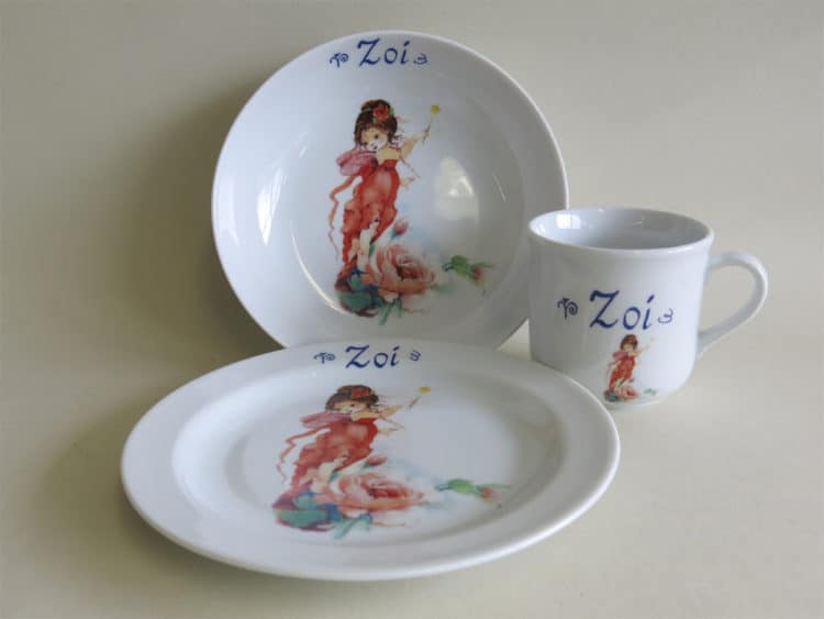 Kindergeschirr Porzellan Set Becher, Teller, Schale mit Namen personalisiert und Elfe Rosalie Rose