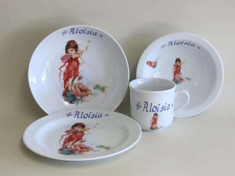 Kindergeschirr Porzellan Set Becher, Teller, Schale und Müslischüssel mit Namen personalisiert und Elfe Rosalie