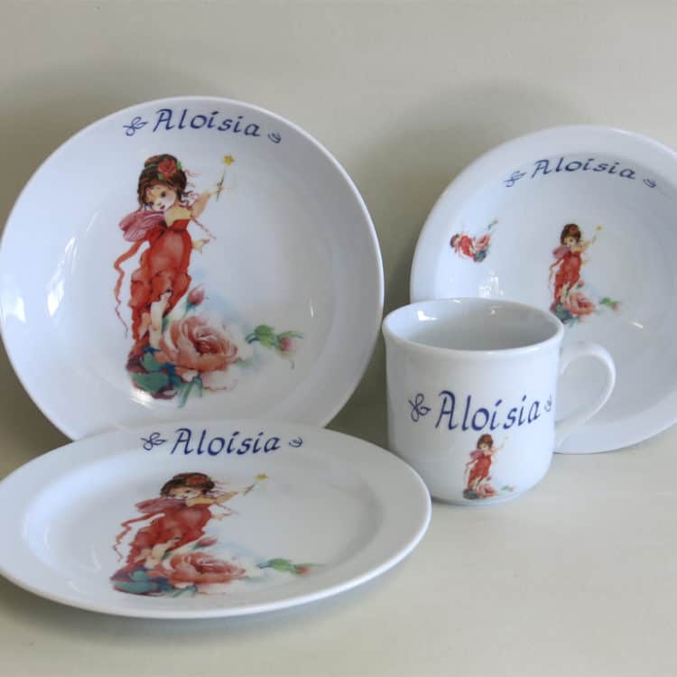 Kindergeschirr Porzellan Set Becher, Teller, Schale und Müslischüssel mit Namen personalisiert und Elfe Rosalie