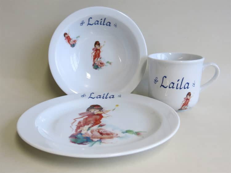 Kindergeschirr Porzellan Set Becher, Teller, Müslischüssel mit Namen personalisiert und Elfe Rosalie Rose