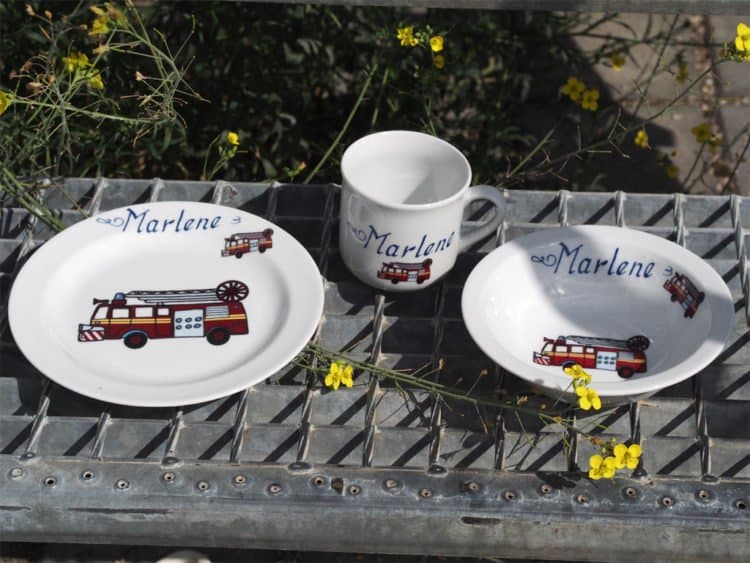 Kindergeschirr Porzellan Set Becher, Teller und Müslischüssel, Feuerwehr