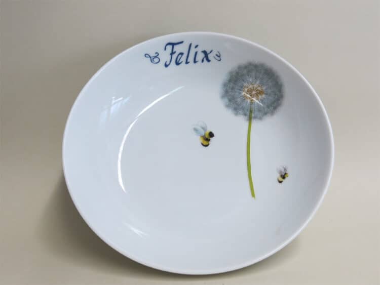 Kindergeschirr Porzellan tiefe Schale 18cm mit Pusteblume und Bienchen und Namen