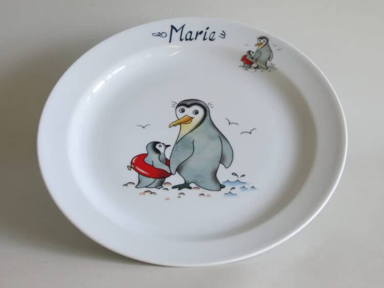 Kindergeschirr Porzellan Essteller 24cm mit Pinguinen und Namen