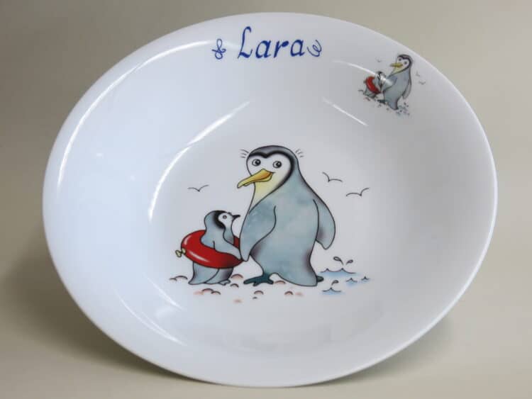 Kindergeschirr Porzellan Set tiefer Teller 22cm mit Pinguinen und Namen