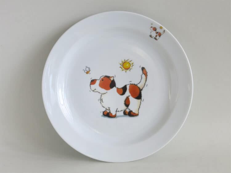 Essteller 24 cm aus weißem Porzellan mit Hund und Bienchen