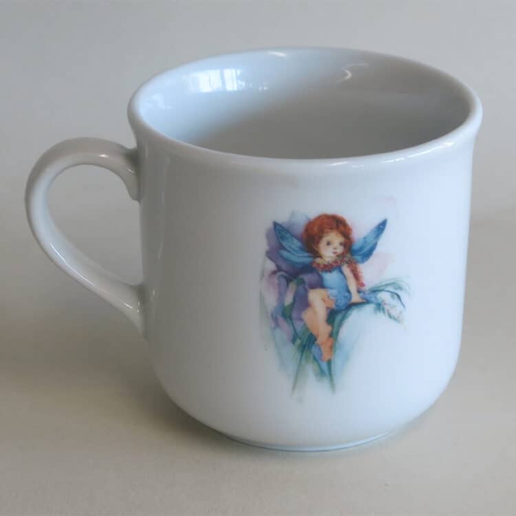 Kindergeschirr Porzellan kleiner Becher 230ml mit Blumenelfe Lilli lila für Linkshänder