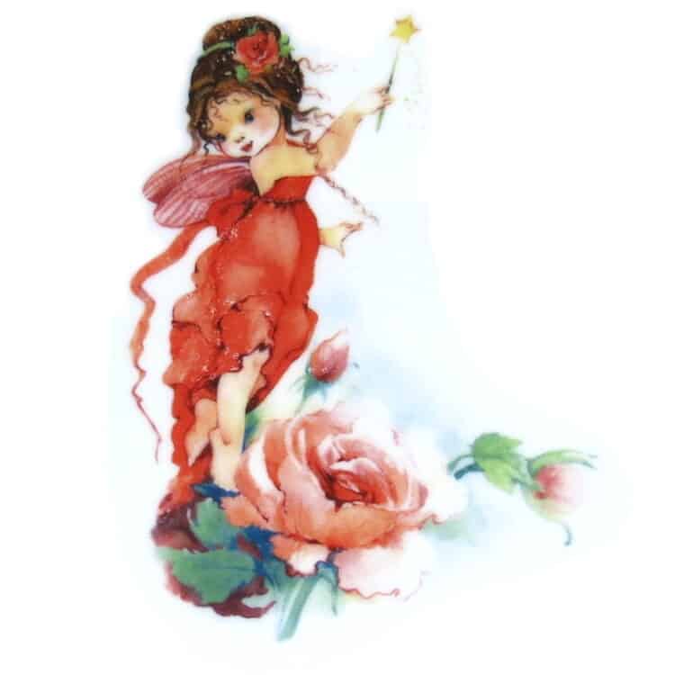 Motiv Elfe im rotem Kleid auf einer Rose stehend mit Zauberstab und Flügeln