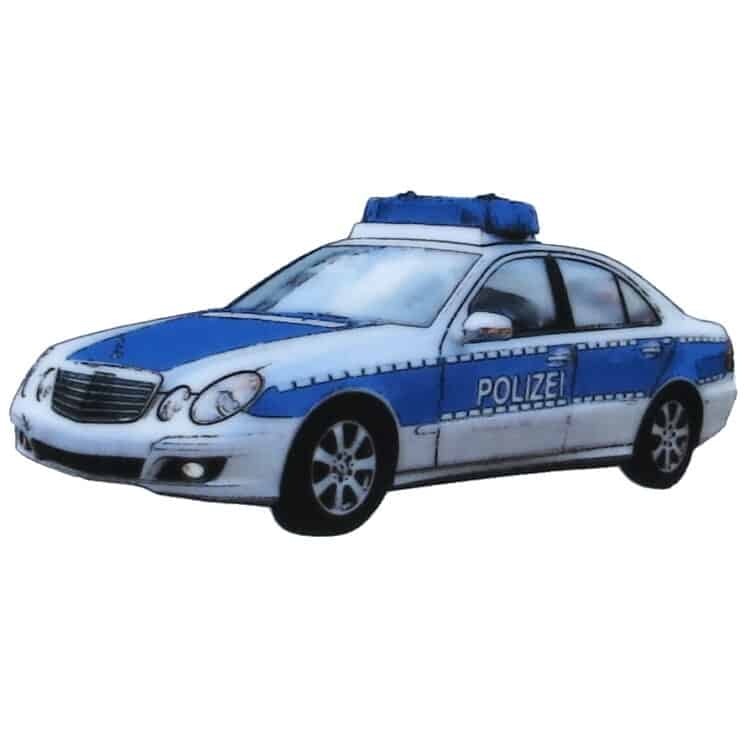 Polizeifahrzeug in blau silber mit Blaulicht auf Porzellan