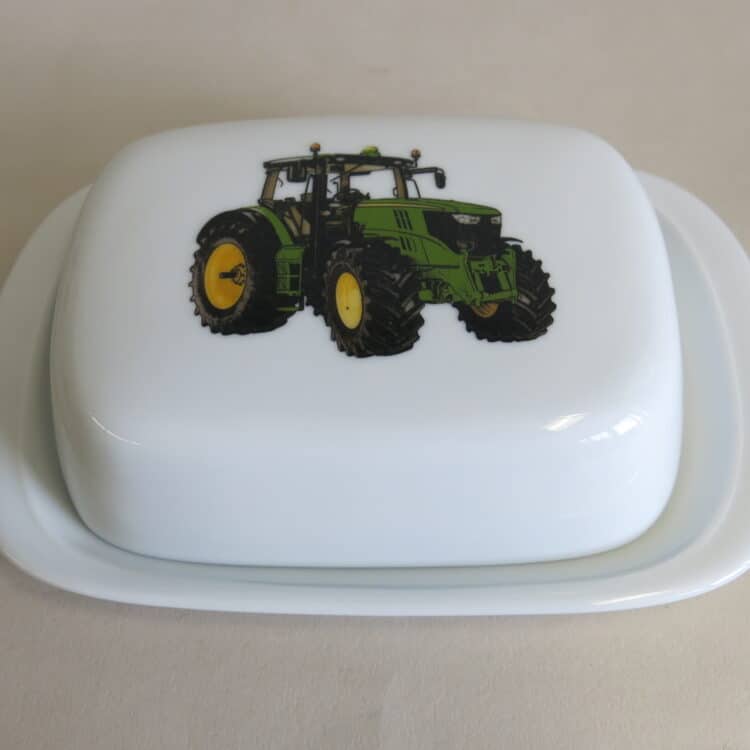 Frühstücksgeschirr Porzellan glatte Butterdose 250g. mit grünem Traktor