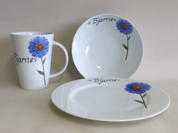 Dreiteiliges Frühstückgsgeschirr aus Porzellan mit Teller 21,5 cm Becher 350 ml und Schüssel 17 cm mit Blume blauer Aster und Namen personalisiert