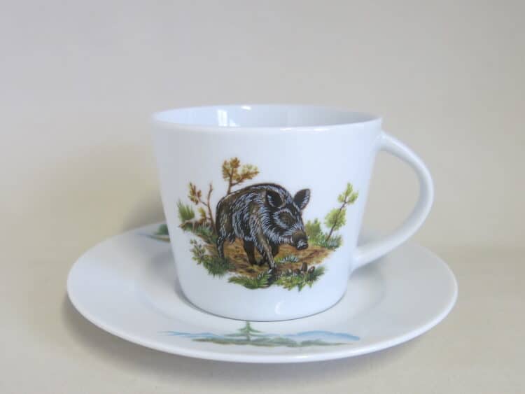 Tasse Clio mit Untertasse mit Bits Tasse Jagdmotiv Wildschwein