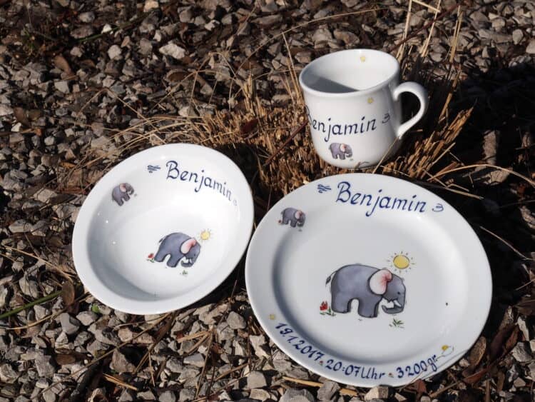 Widmung Kindergeschirr Geburtsdaten Vorderseite Elefant