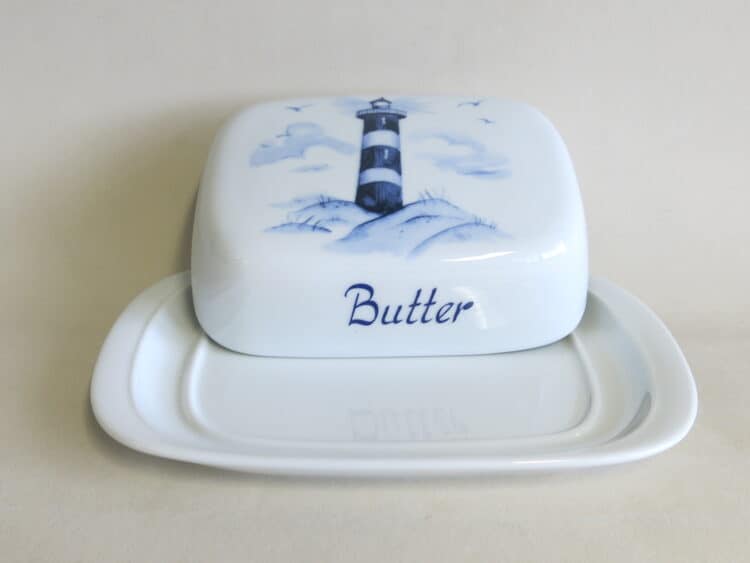 Porzellan Butterdose König Leuchtturm maritim Aufschrift Butter