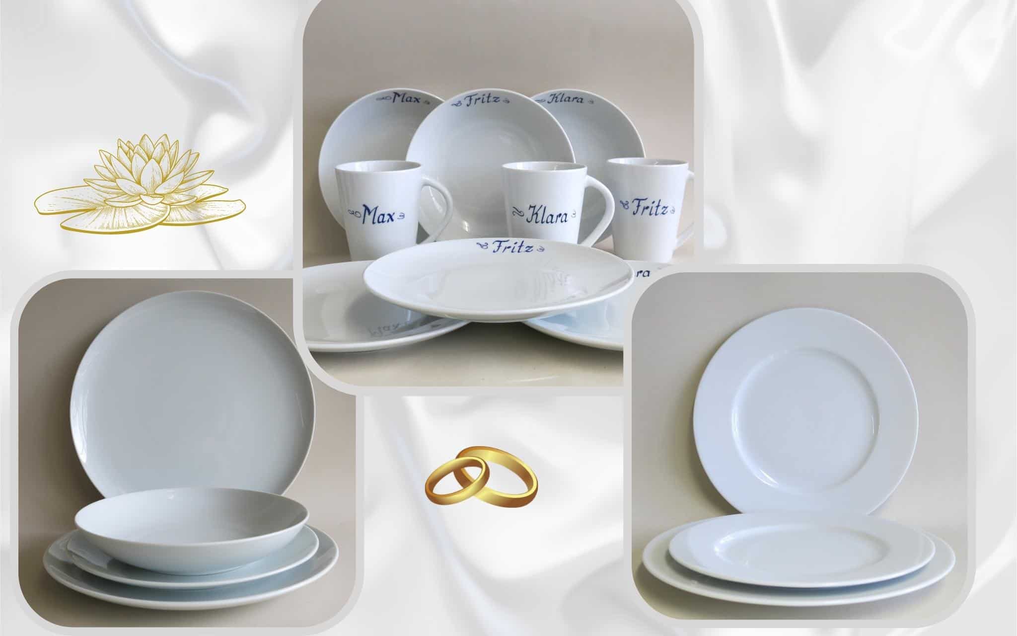Geschenkideen für den Hochzeitstisch Einleitung Weiße Porzellan Teller Opty und Ole, Frühstücksgeschirr mit Namen