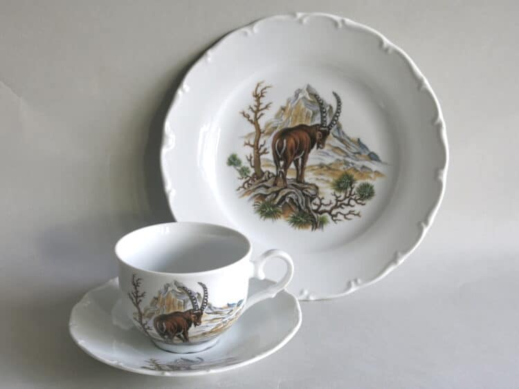 3 teiliges Gedeck Ofelie mit Teetasse Jagdmotiv Steinbock