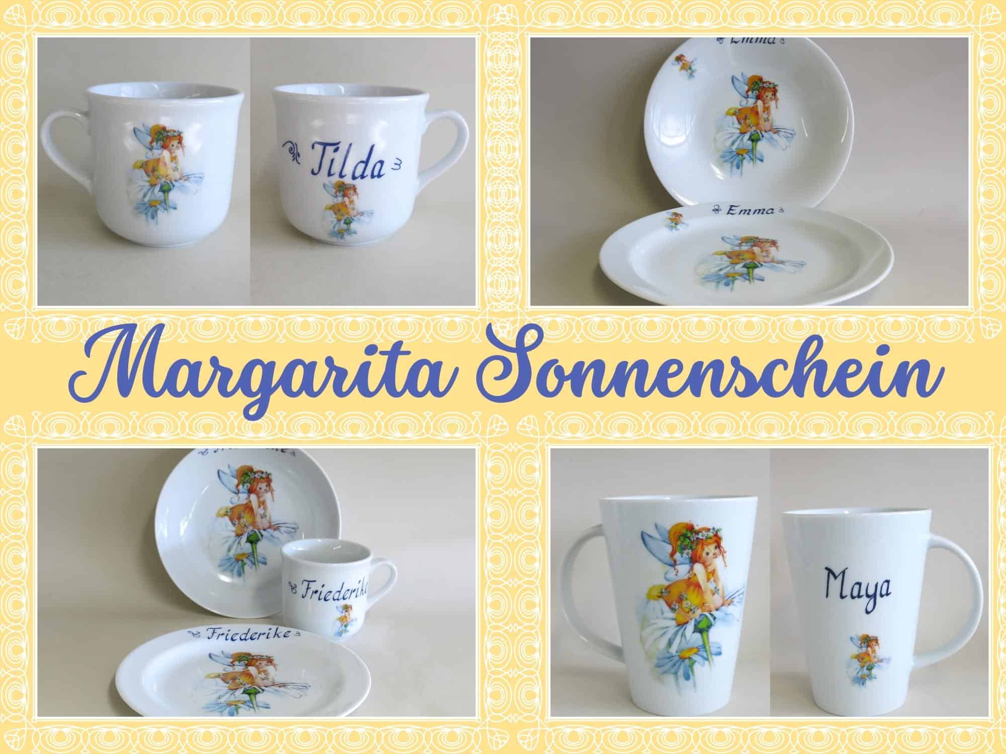 Bestseller im August Blumenelfe Margarita sonnenschein auf Namenstassen, Kinderset und Esstellern