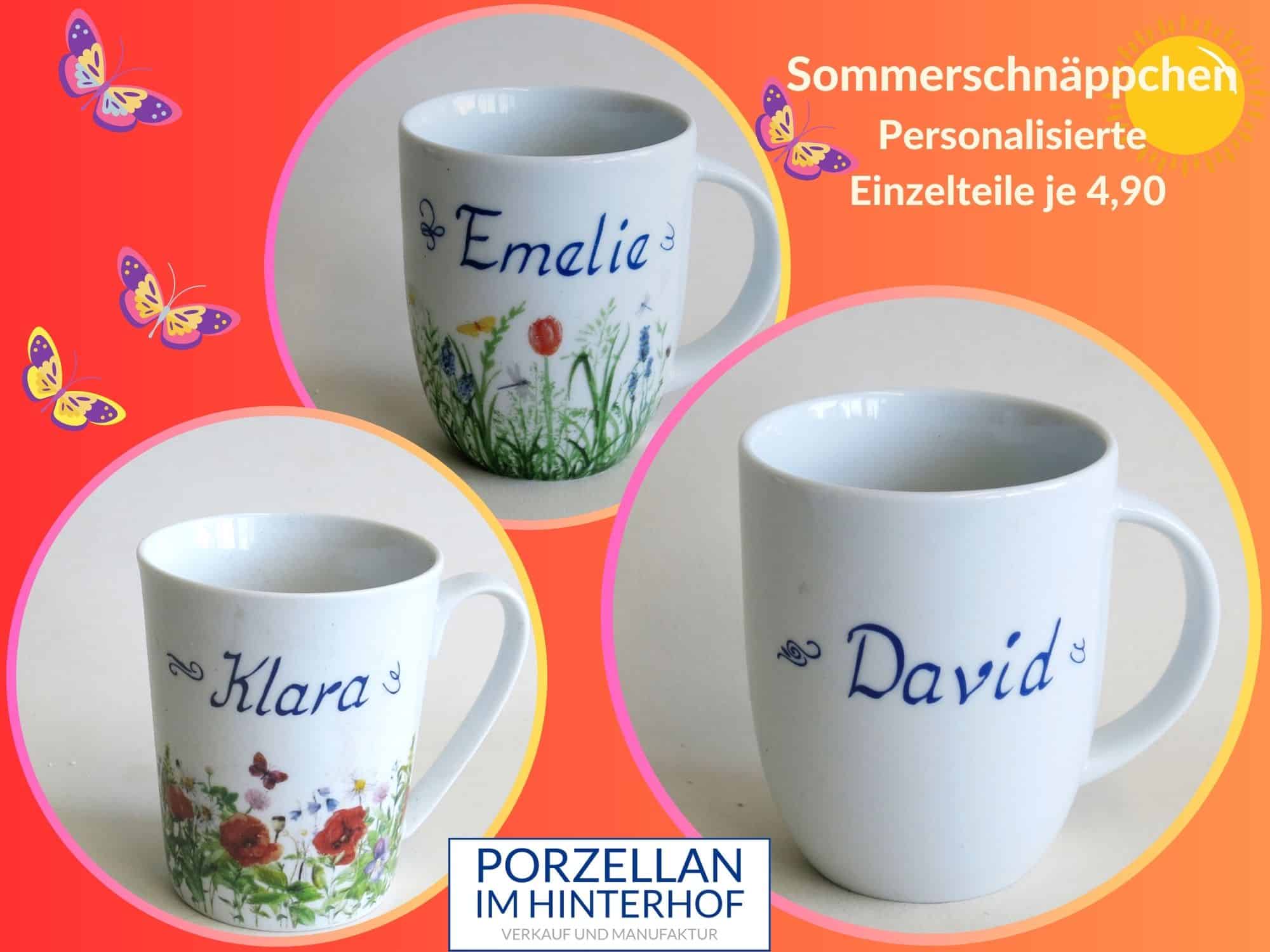 Blog Sommer Schnäppchen Personalisierte Einzelteile Namenstassen mit Frühlingswiese, Mohnwiese oder ohne Dekor