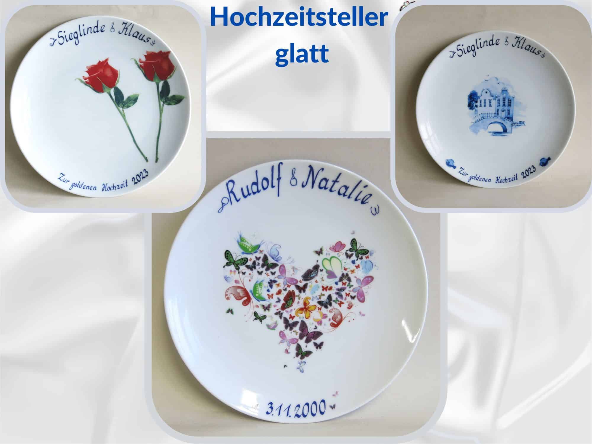 Glatter Porzellan Hochzeitsteller mit Motiv, Namen, Widmung und Datum ~  Porzellan im Hinterhof