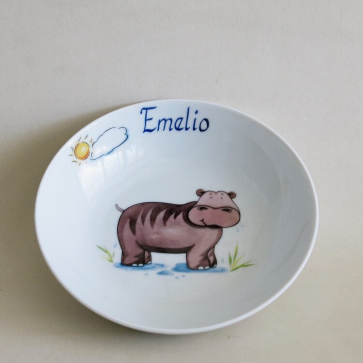 Sonderangebot personalisierte Einzelteile Coupschale Nilpferd mit Sonne mit Namen Emilio