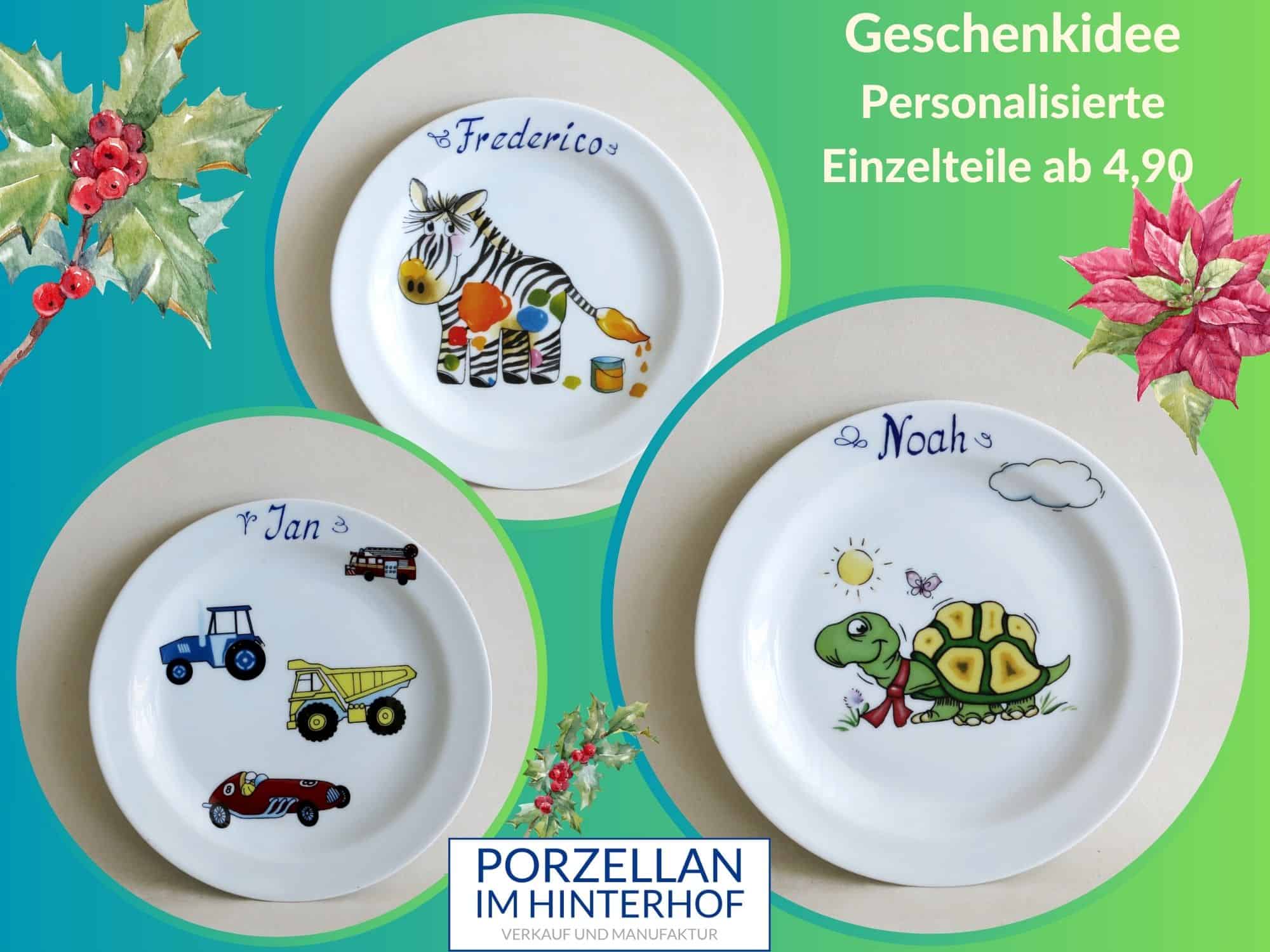 Geschenkidee Schnäppchen Personalisierte Porzellan Einzelteile Kinderteller Autos, Zebra und Schildkröte