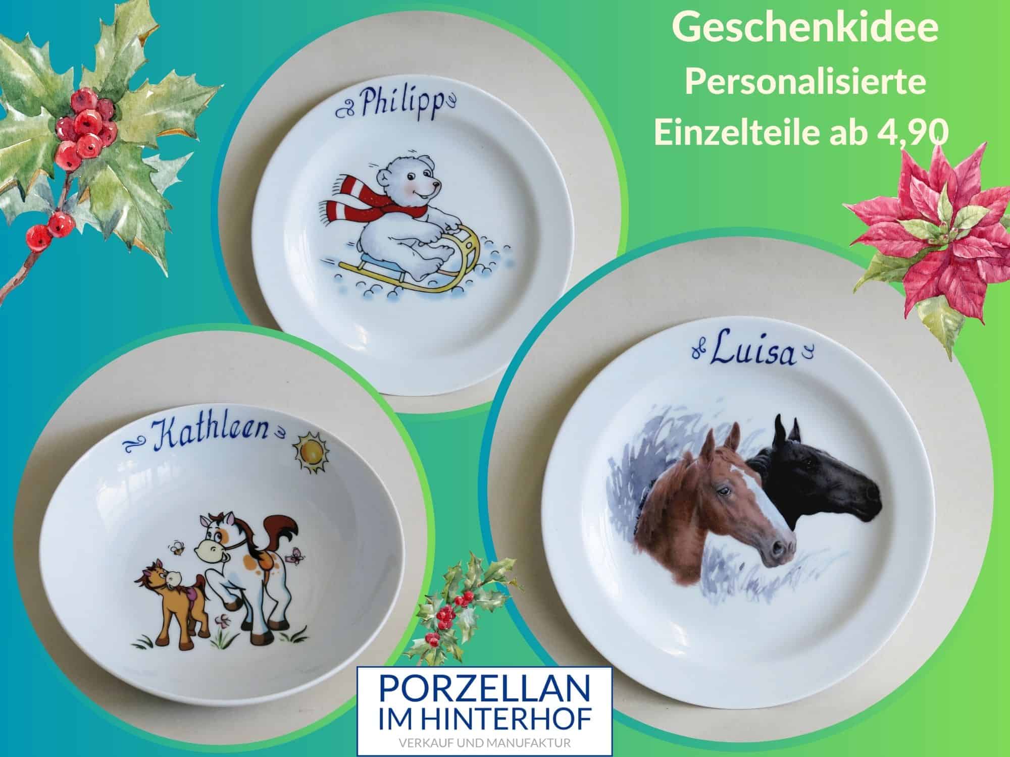 Geschenkidee Schnäppchen Personalisierte Porzellan Einzelteile Kinderteller Eisbär, Pferde