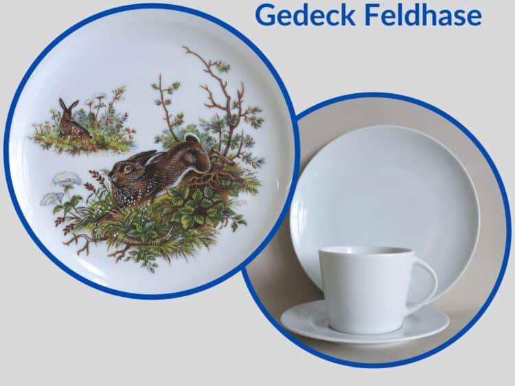 Jagdservice Gedeck Tasse Clio, Teller Ole Wildmotiv Feldhase