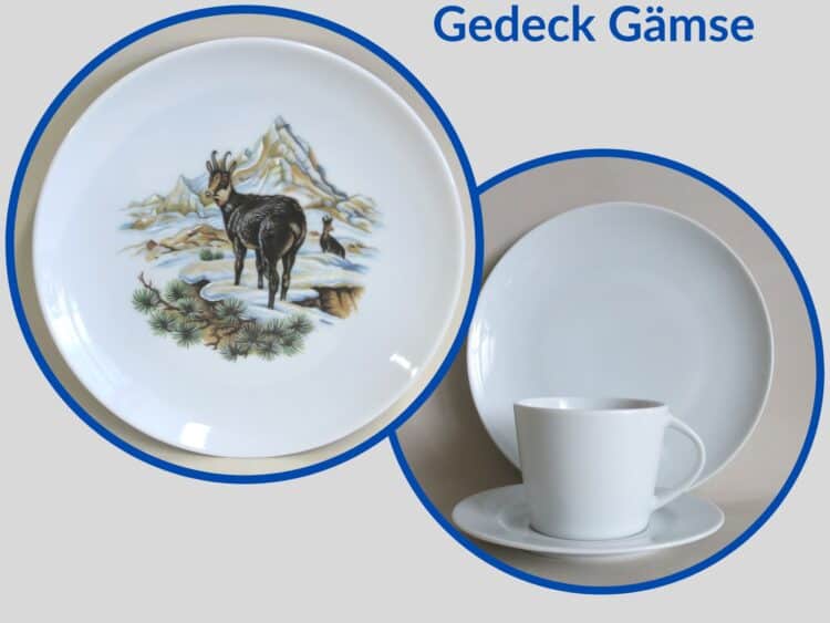 Jagdservice Gedeck Tasse Clio, Teller Ole Wildmotiv Gämse