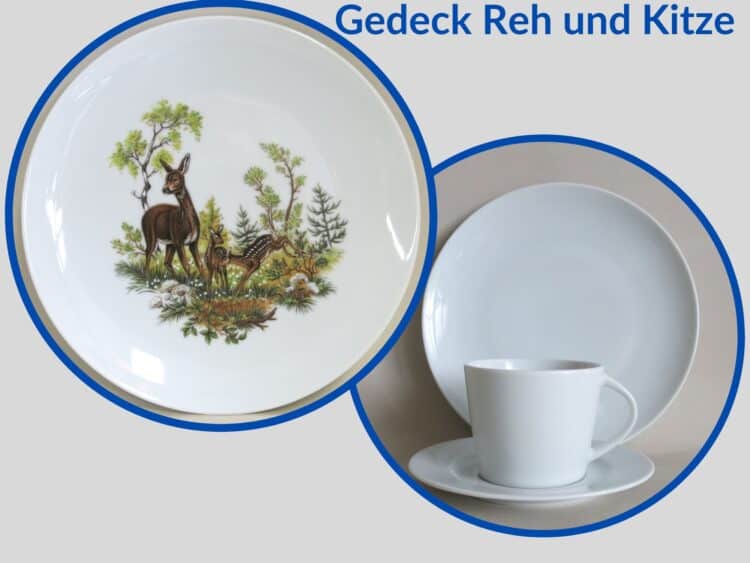 Jagdservice Gedeck Tasse Clio, Teller Ole Wildmotiv Reh und Kitze