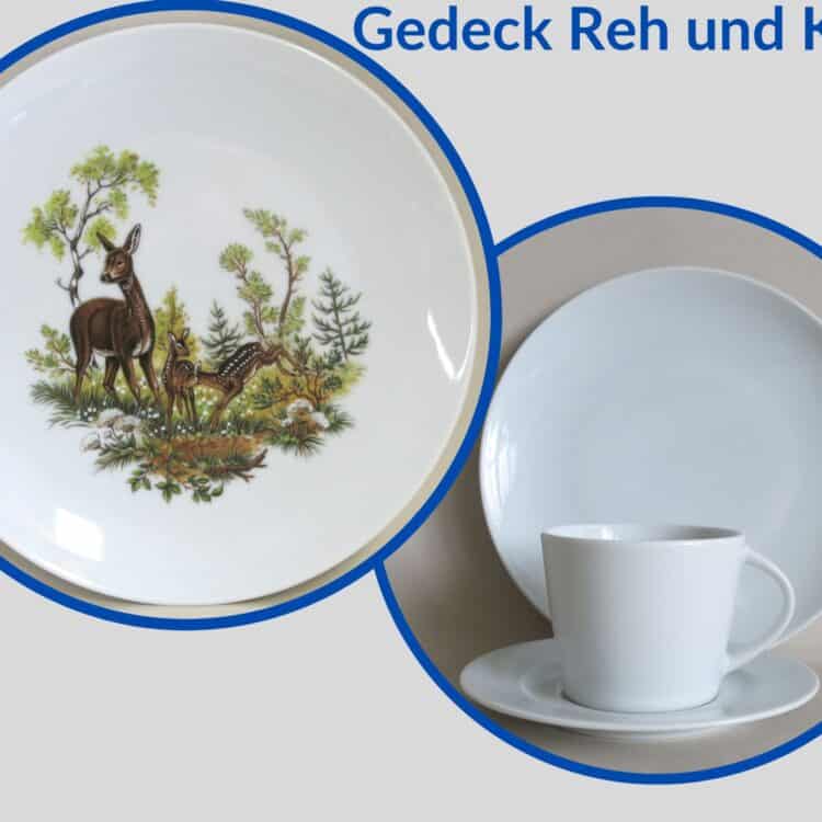 Jagdservice Gedeck Tasse Clio, Teller Ole Wildmotiv Reh und Kitze