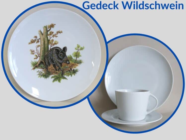 Jagdservice Gedeck Tasse Clio, Teller Ole Wildmotiv Wildschwein