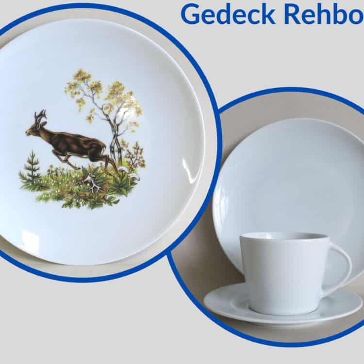 Jagdservice Gedeck Tasse Clio, Teller Ole Wildmotiv springender Rehbock