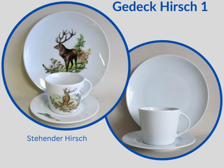 Jagdservice Gedeck Tasse Clio, Teller Ole Wildmotiv stehender Hirsch 1